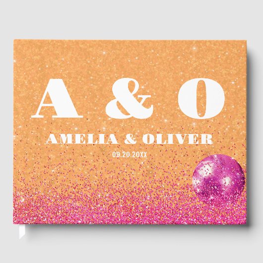 Heet roze en Sinaasappel Retro Disco Balls Bruilof Gastenboek (Voorkant)