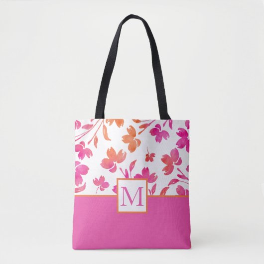 Heet Roze en Sinaasappel Waterverf Bloem Stengels Tote Bag (Voorkant)