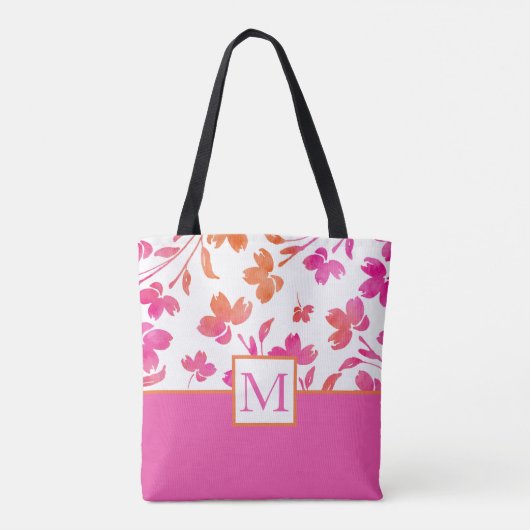 Heet Roze en Sinaasappel Waterverf Bloem Stengels Tote Bag (Achterkant)