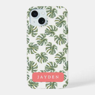 Heet Roze en Tropisch Palmblad Aangepaste Naam iPhone 15 Case