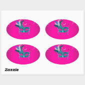 Heet roze en turquoise-blauwe maskerade ovale sticker (Vel)
