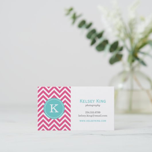 Heet Roze en Turquoise Chevron Monogram Visitekaartje (Staand voorkant)