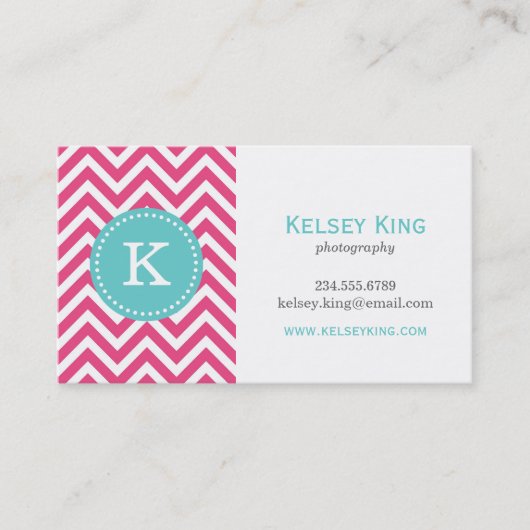 Heet Roze en Turquoise Chevron Monogram Visitekaartje (Voorkant)