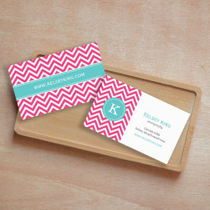 Heet Roze en Turquoise Chevron Monogram Visitekaartje