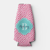 Heet Roze en Turquoise Griekse Sleutel Monogram Flesjeskoeler (Voorkant)