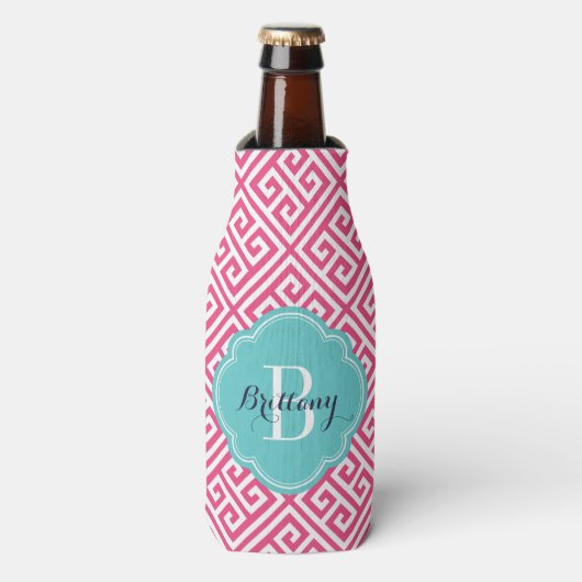 Heet Roze en Turquoise Griekse Sleutel Monogram Flesjeskoeler (Fles Voorkant)