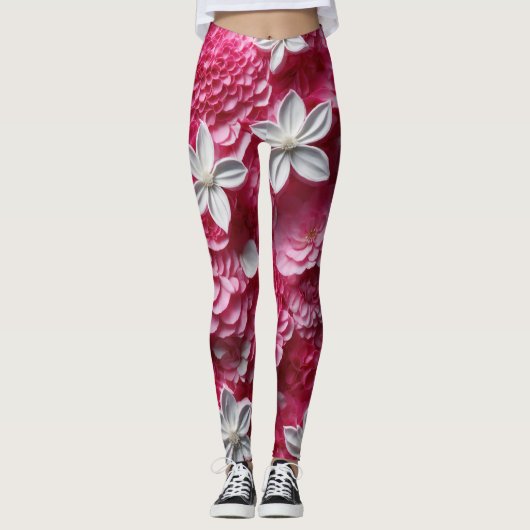 Heet Roze en Wit Bloemen Leggings: Bold Elegance Leggings (Voorkant)