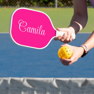 Heet Roze en Wit Curly Script Pickleball Paddle