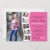 Heet Roze en Wit Filmstrip 6 Foto Afstuderen Kaart (Voorkant)