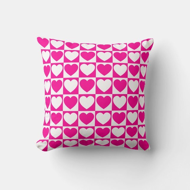 Heet roze en wit geruit patroon met harten kussen (Voorkant)