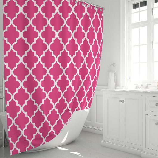 Heet Roze en Wit Marokkaans Quatrefoil Douchegordijn
