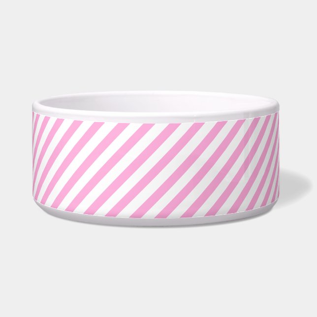 Heet Roze en Witte Diagonale Strepen Pet Bowl Voerbakje (Links)