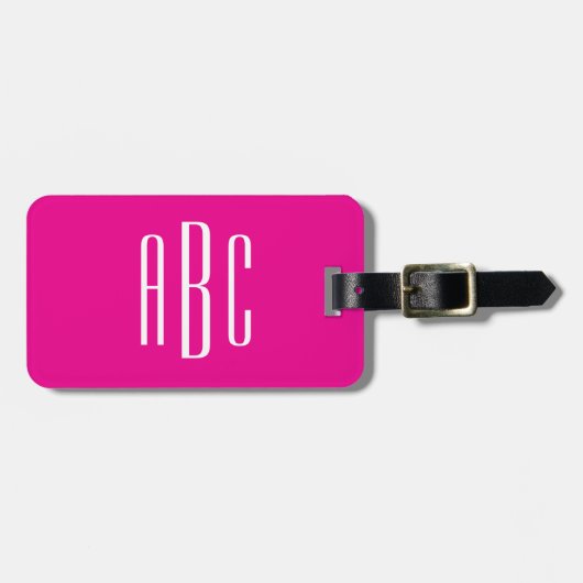 Heet roze en witte eenvoudige drieletter-monogram bagagelabel (Voorkant horizontaal)