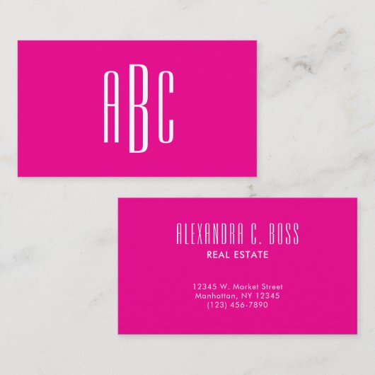 Heet roze en witte eenvoudige drieletter-monogram visitekaartje (Voorkant / Achterkant)