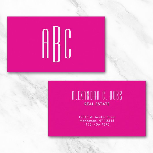Heet roze en witte eenvoudige drieletter-monogram visitekaartje