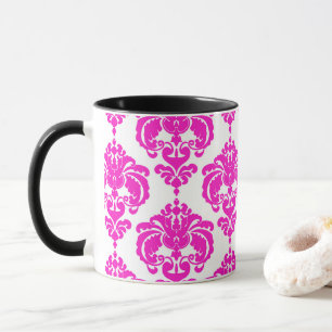 Heet roze en witte elegante chic damast patroon mok