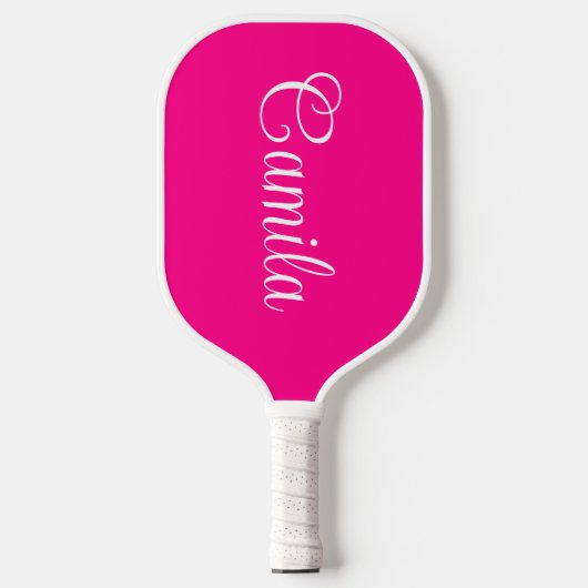 Heet roze en witte gekrulde script pickleball paddle (Voorkant)