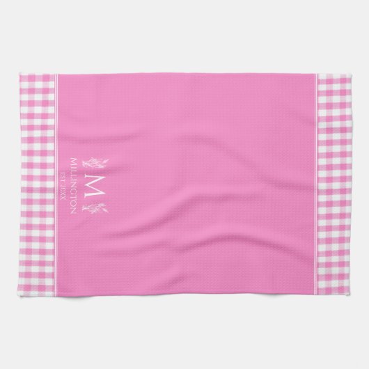 Heet roze en witte Gingham aangepaste naam monogra Theedoek (Horizontaal)