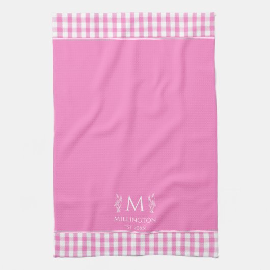 Heet roze en witte Gingham aangepaste naam monogra Theedoek (Verticaal)