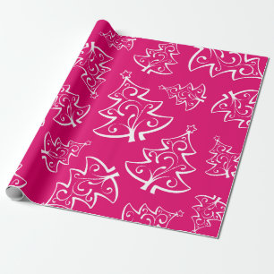 Heet Roze en Witte Kerstbomen Patroon Cadeaupapier