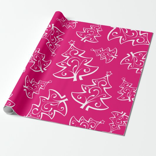Heet Roze en Witte Kerstbomen Patroon Cadeaupapier (Uitgerold)