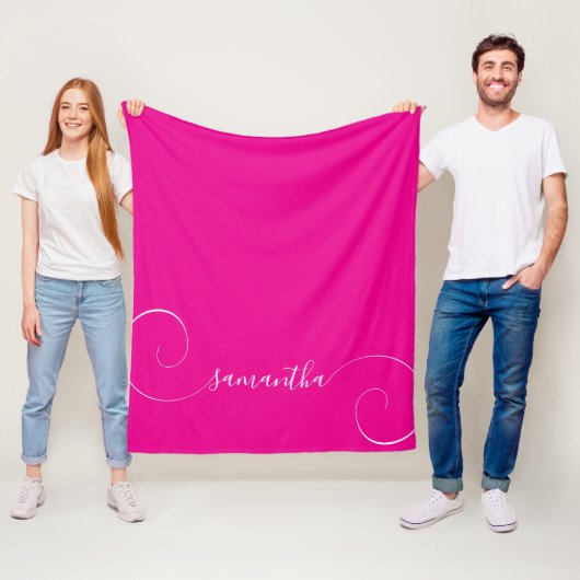 Heet Roze en Witte Kromme Handtekening Naam Fleece Deken (In situ)