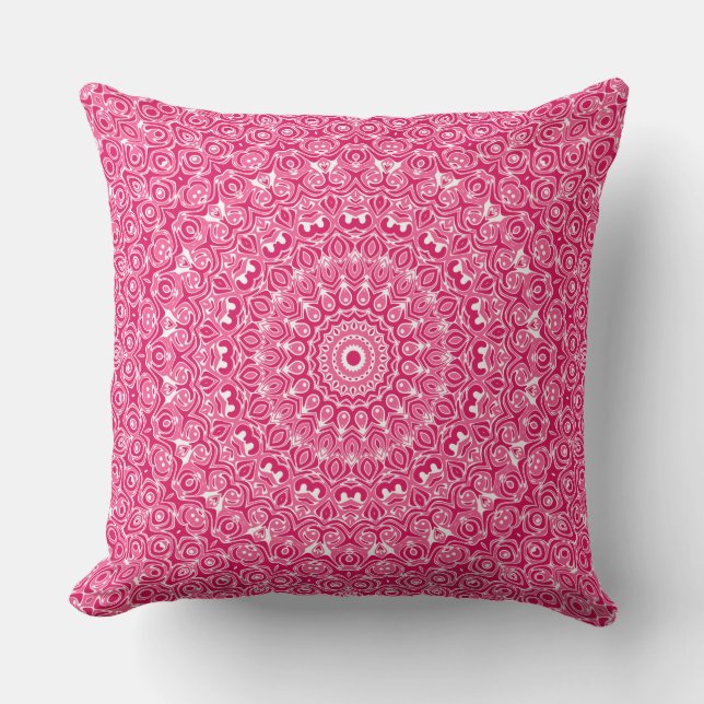 Heet Roze en Witte Mandala Patroon Kussen (Voorkant)