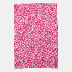 Heet Roze en Witte Mandala Patroon Theedoek