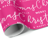 Heet Roze en Witte Prettig Kerstmis Woord Kunst Cadeaupapier (Rol Hoek)