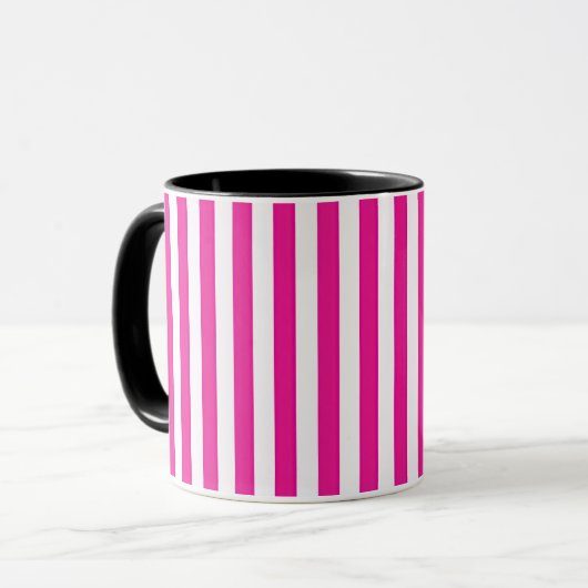 Heet roze en witte verticale strepen minimalistisc mok (Voorkant links)