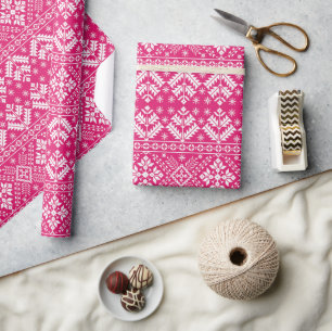Heet Roze en Witte Winter Fair Isle Kerstmis Cadeaupapier