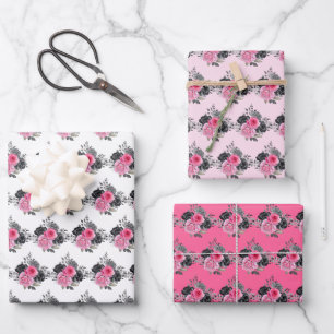 Heet roze en zilver elegante bloemen inpakpapier vel