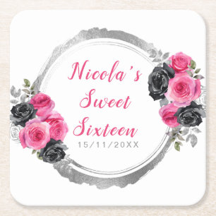 Heet roze en zilver elegante bloemen Sweet Sixteen Kartonnen Onderzetters