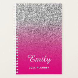 Heet Roze en Zilver Glitter Ombre Gepersonaliseerd Planner