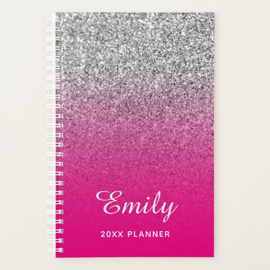 Heet Roze en Zilver Glitter Ombre Gepersonaliseerd Planner (Voorkant)