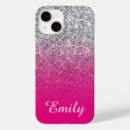 Heet Roze en Zilver Glitter Ombre Persoonlijk Case-Mate iPhone 14 Hoesje