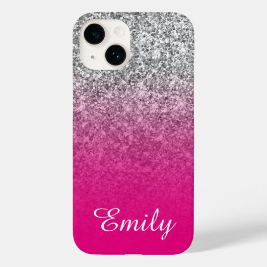 Heet Roze en Zilver Glitter Ombre Persoonlijk Case-Mate iPhone Case (Achterkant)