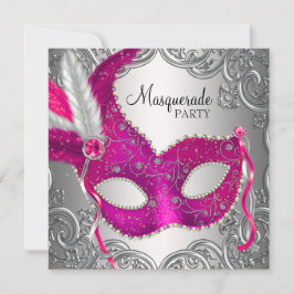 Heet roze en zilveren masker masqueradefeest kaart