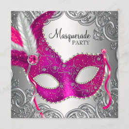 Heet roze en zilveren masker masqueradefeest kaart