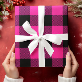 Heet Roze en Zwart Buffel Plaid Kerstmis Inpakpapier Vel