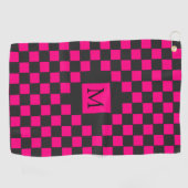 Heet Roze en Zwart Checkerboard Patroon Monogram Golfhanddoek (Horizontaal)