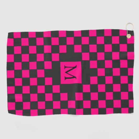 Heet Roze en Zwart Checkerboard Patroon Monogram Golfhanddoek (Horizontaal)