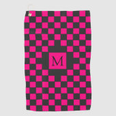 Heet Roze en Zwart Checkerboard Patroon Monogram Golfhanddoek (Voorkant)