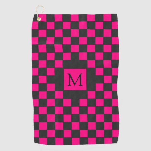 Heet Roze en Zwart Checkerboard Patroon Monogram Golfhanddoek (Voorkant)