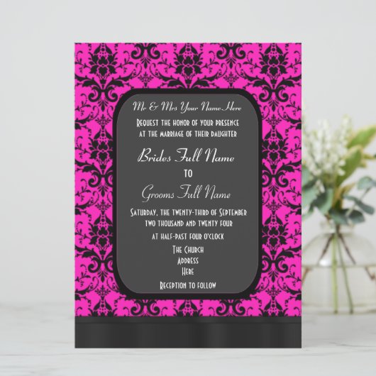 Heet roze en zwart damask bruiloft kaart (Staand voorkant)