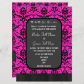 Heet roze en zwart damask bruiloft kaart (Voorkant / Achterkant)