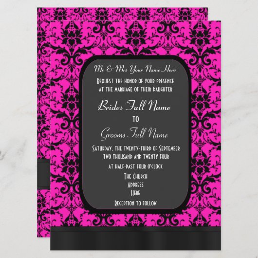 Heet roze en zwart damask bruiloft kaart (Voorkant / Achterkant)