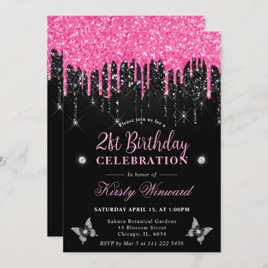Heet Roze en Zwart Dripping Glitter 21e Verjaardag Kaart (Voorkant / Achterkant)