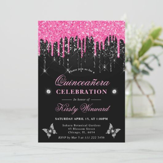 Heet Roze en Zwart Dripping Glitter Quinceanera Kaart (Staand voorkant)
