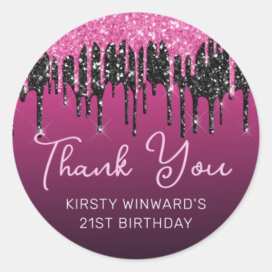 Heet Roze en Zwart Dripping Glitter Verjaardag Ronde Sticker (Voorkant)